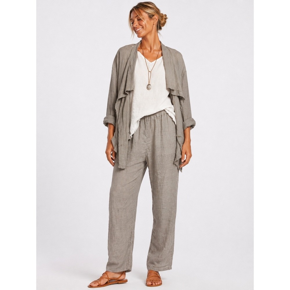 Flax 100% Linen Relaxed Pants Beige Gray Oatmeal Elastic Waist M
